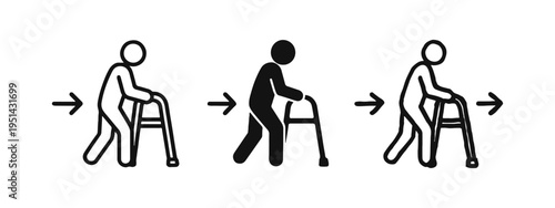 Person Walking with Medical Walker Icon Set for Mobility and Senior Care