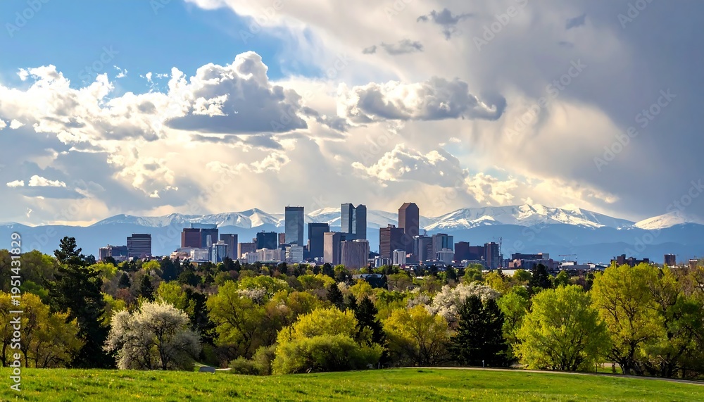 Fototapeta premium A city skyline with trees and a cloudy sky