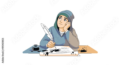 Woman Writing with Quill Pen and Ink.