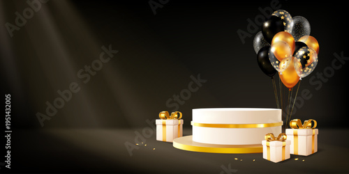 Podium with gift boxes and shiny balloons on dark background, concept of celebration and luxury. Vector illustration
