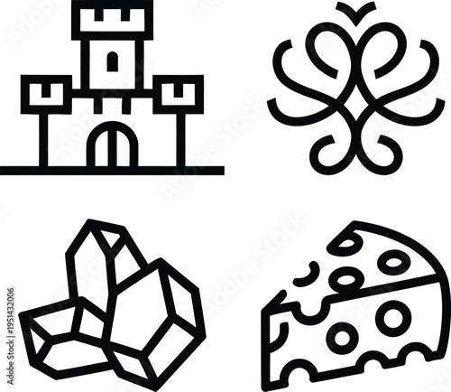 Medieval castle, clover, sugar cubes, and cheese slice icon collection