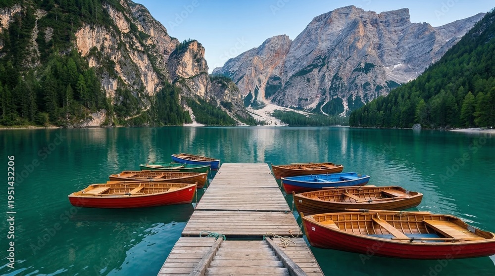 Obraz premium Wooden Rowing Boats Moored at Pier on Beautiful Mountain Lake