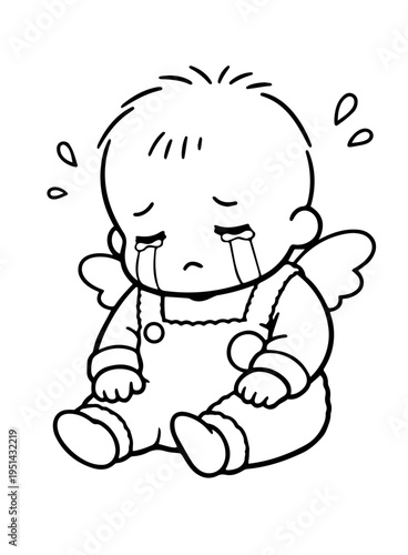 Crying baby angel, sad cute child character, simple black and white line illustration