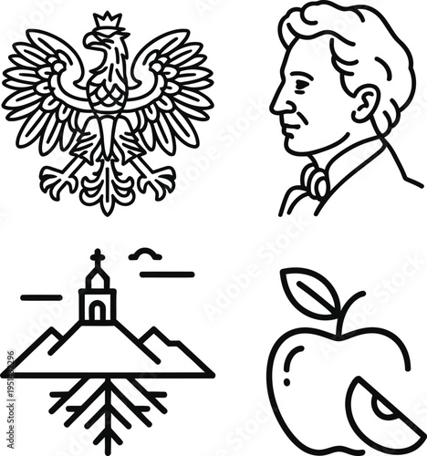 Historical and symbolic illustrations featuring an eagle, profile portrait, mountain, and apple.