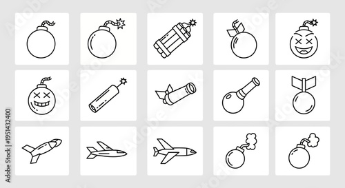 Doodle Bomb Icons: Explosions, Danger, and Aircraft Collection