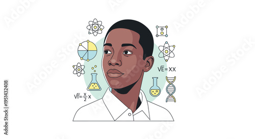 Young Scientist with Scientific Symbols and Icons.
