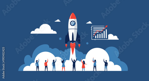 Business Rocket Launch: Team Success, Growth Chart, Startup, Innovation, Strategy, Blue Sky