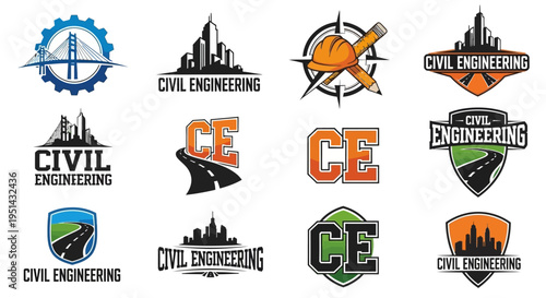 Civil Engineering Logos Collection: Buildings, Bridges, Roads, Tools & CE Icons