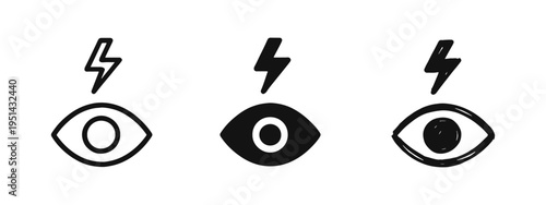 Eye with lightning flash icon set, photography, vision, alert, sudden idea or exposure symbol