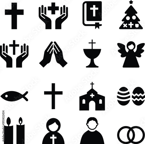 Collection of religious and symbolic icons representing faith and spirituality