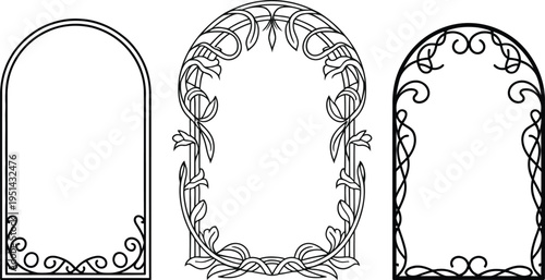 Decorative architectural window and door frame designs with ornamental patterns