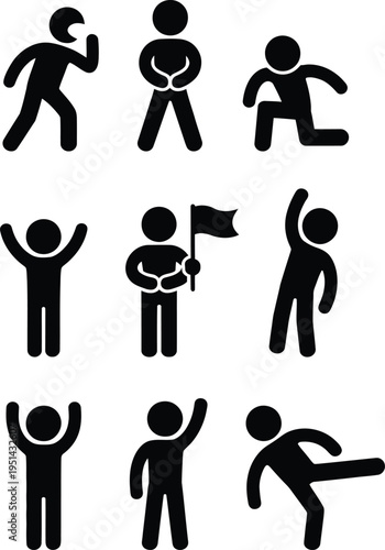 Collection of nine simple stick figure icons depicting various actions and emotions