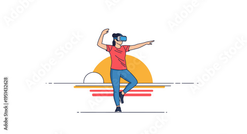 Young woman wearing a virtual reality headset, actively interacting with an immersive digital world, exploring futuristic technology and entertainment.