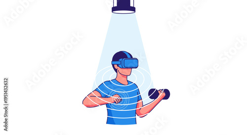 Man in VR headset exercising with dumbbells, engaging in virtual reality fitness under a spotlight, blending technology and physical activity.