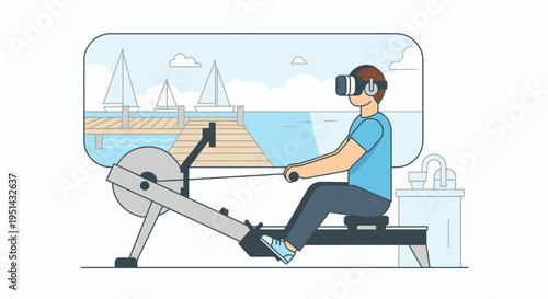 Man exercising on a rowing machine with a virtual reality headset, experiencing an immersive workout in a simulated serene seaside environment with sailboats and a pier.