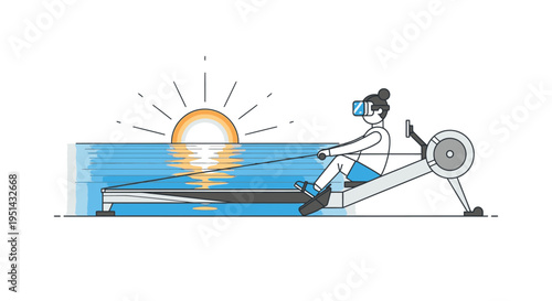 Immersive virtual reality fitness: Person on a rowing machine wearing VR goggles, experiencing a beautiful digital sunset over a virtual ocean.