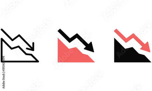 Three graph icons showing decline with arrows pointing down in black and red colors indicating negative trends and downward movement in a simple and modern design.