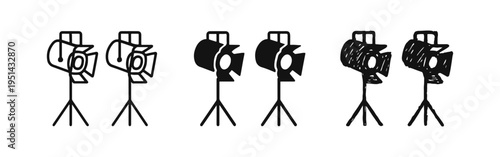 Studio spotlight or stage light vector icon set, photography, film, show, production and illumination symbol