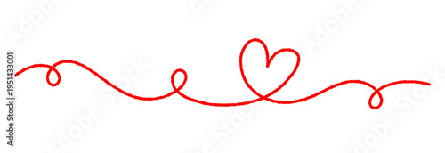 Red thread divider with heart shapes in a romantic style. Wavy, curly line inspired by sewing, yarn, and embroidery textures. Perfect for valentines day designs, invitations, and love themed projects.