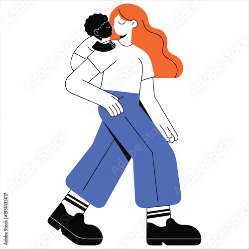 Mother walking with her child on her shoulder, a symbol of loving connection and everyday maternal care.