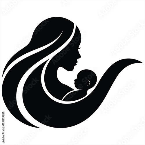 Mother cradling newborn baby silhouette in black, symbolizing love and family bond.