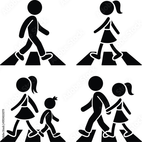 Illustrations of people crossing pedestrian crosswalks in various groups