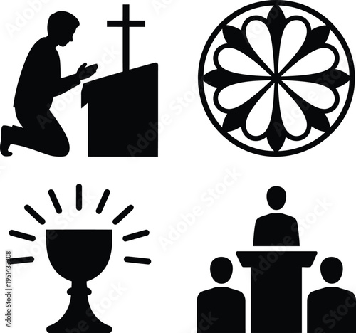 Iconic symbols representing key aspects of christian worship and liturgy