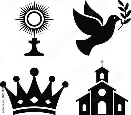 Religious and regal symbols depicted in a minimalist black and white illustration