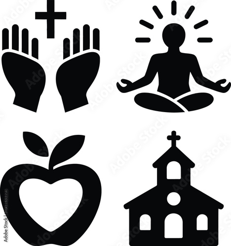 Four symbolic icons representing spirituality, health, and religion