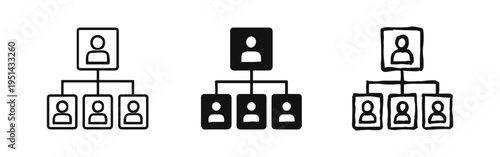 Simple Organization Chart Hierarchy Vector Icon Set - Outline, Solid, and Hand-Drawn Styles.