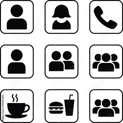 Nine icons representing various communication, social, and hospitality concepts