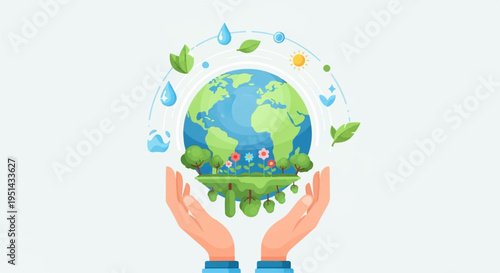 Hands cradling earth globe with green leaves and raindrops symbolizing environmental conservation and sustainability