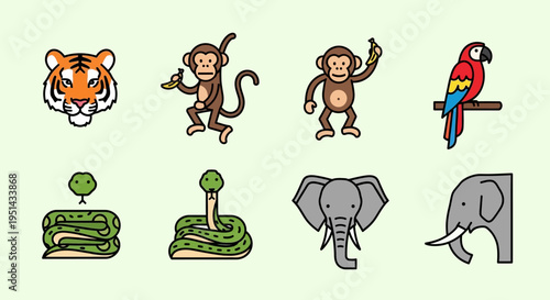 Jungle Animals Icons: Tiger, Monkeys, Parrot, Snake, Elephant