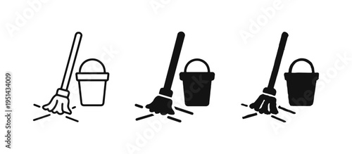 Floor Cleaning Broom and Bucket Vector Icon Set - Sweeping and Tidying Symbols.