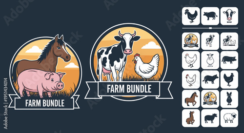 Farm Animal Icons Bundle: Horse, Pig, Cow, Chicken, Sheep, Dog