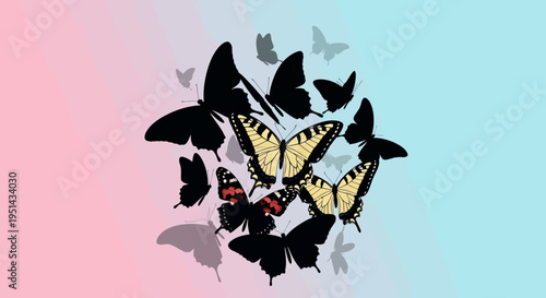 Flock of Butterflies Swirling on Pink and Blue Gradient Background