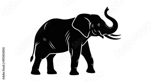 Silhouette of an African elephant with trunk raised on a white background