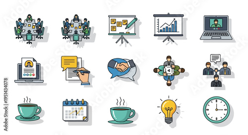 Business Meeting Icons: Collaboration, Planning, Presentation, Teamwork, Coffee, Clock
