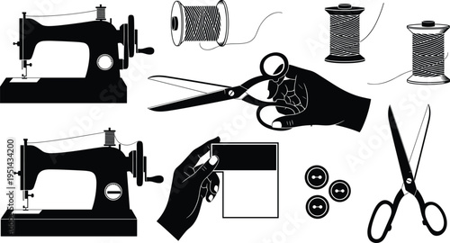Silhouette of sewing tools and machines with threads and buttons a collection of equipment for tailoring and textile work