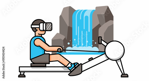 Person exercising on a rowing machine wearing VR headset with virtual waterfall background, modern fitness concept
