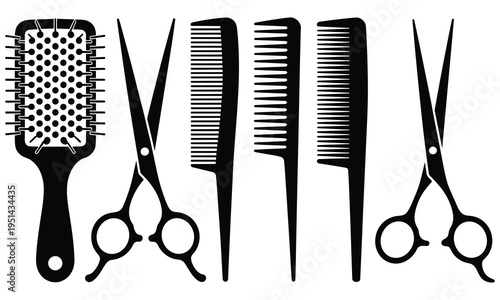 Hairdressing tools including combs, scissors, and brush arranged neatly for grooming and styling purposes in a salon or barbershop setting with various hairstyling equipment.