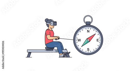 Woman wearing VR headset rowing on machine with compass, symbolizing virtual reality fitness and navigation