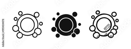 Soap bubbles icons set. Cleaning and hygiene symbols in outline, solid, and hand-drawn styles.