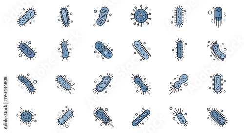 Collection of Blue Bacteria and Virus Icons on White Background