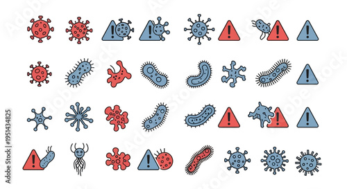Collection of Cartoon Viruses, Bacteria, and Warning Signs