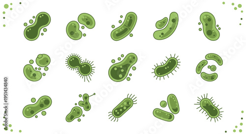 Collection of diverse green bacteria and microbes, scientific illustration