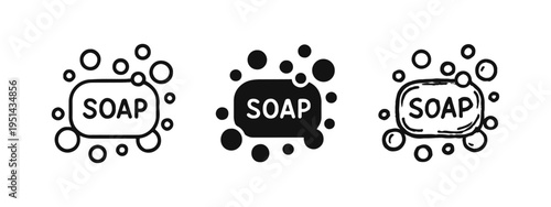 Soap bar icons set with bubbles and 'SOAP' text. Hygiene product symbols in various styles.