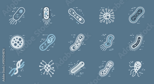 Collection of flat design icons representing various microorganisms and viruses