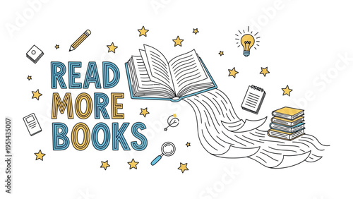 Enchanting Literary Scene: An open book, its pages overflowing with stories and ideas, inspires the call to Read More Books, igniting a passion for literature.