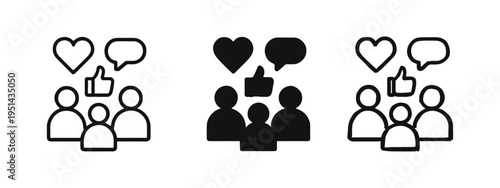 Social media audience icons set. Engagement and community symbols with likes, loves, and comments.